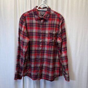 Eddie Bauer Mens Flannel Shirt Size Large Red Gray Blue Plaid Long Sleeve